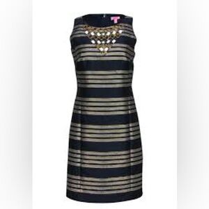 Lilly Pulitzer Navy & Gold Striped Sheath Dress w/ Jewel Detail